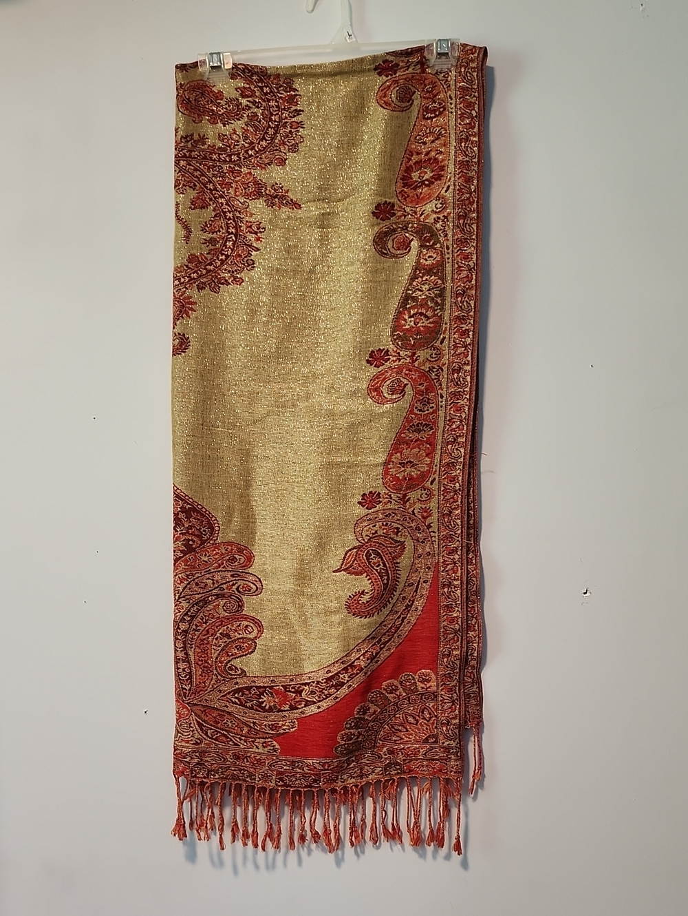 Red Gold Reversible Pashmina Scarf Wrap Pashmina/Silk | Tassels